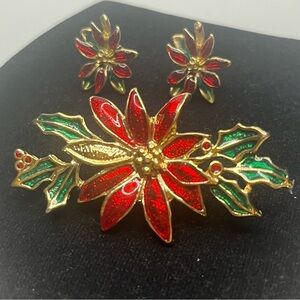 Vintage Festive Red and Green Poinsettia earrings and brooch.